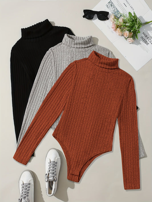 Gerippter Rollkragen Bodysuit Langarm Slim Fit