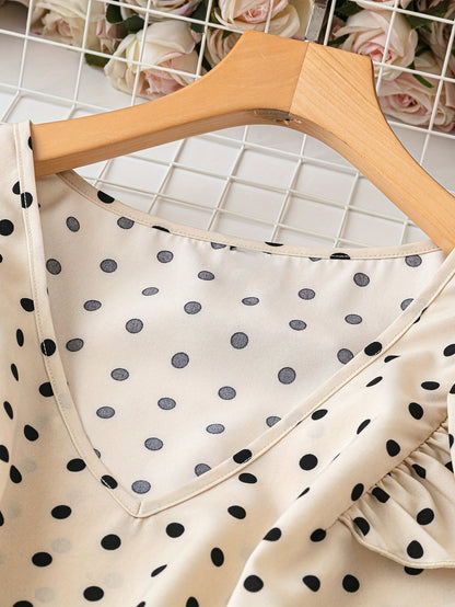 Damen Polka Dot Bluse mit V-Ausschnitt und Rüschenärmeln – Eleganter Alltags- und Büro-Look