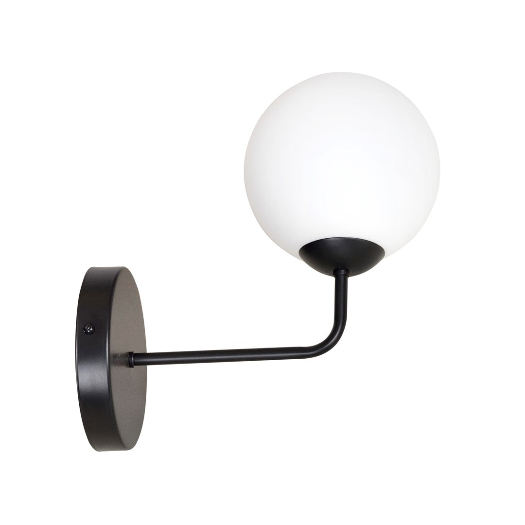 Wandlamp gepoedercoat staal en glas, modern, zwart met witte melkglazen kap Ø 15 cm, E14, woonkamer, hal of slaapkamer