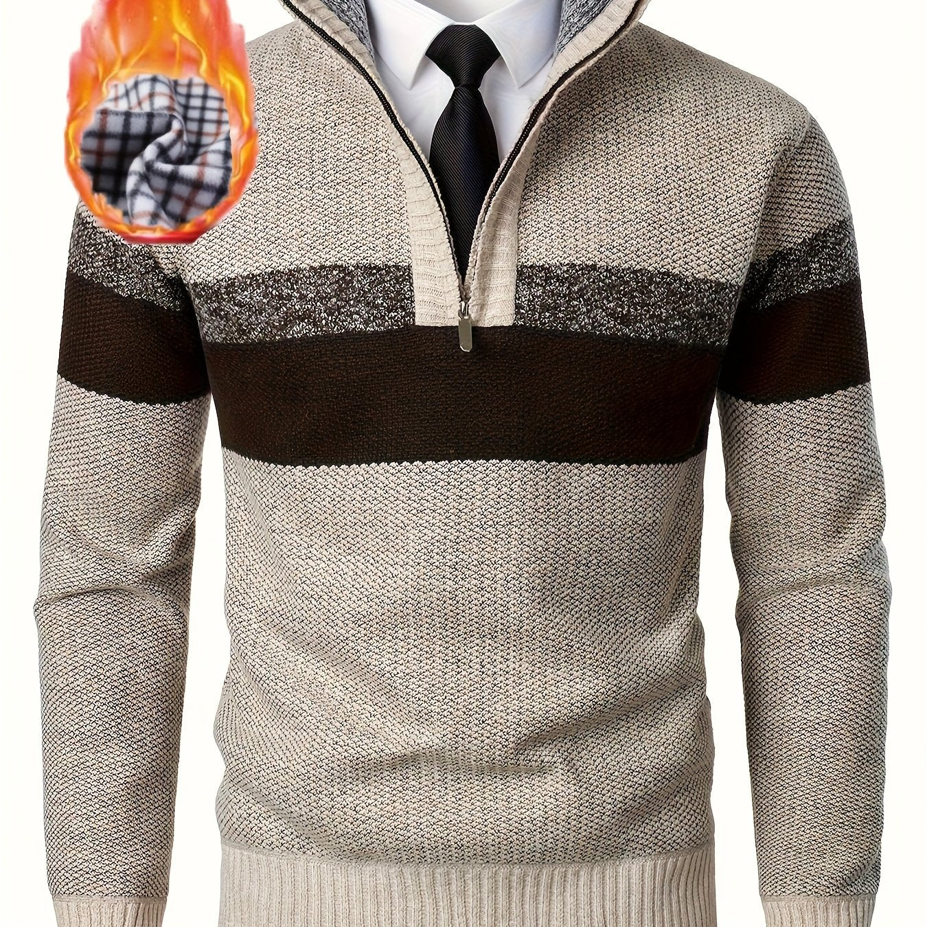 Men's knitted sweater with a stand-up collar and zipper, striped, softly lined inside