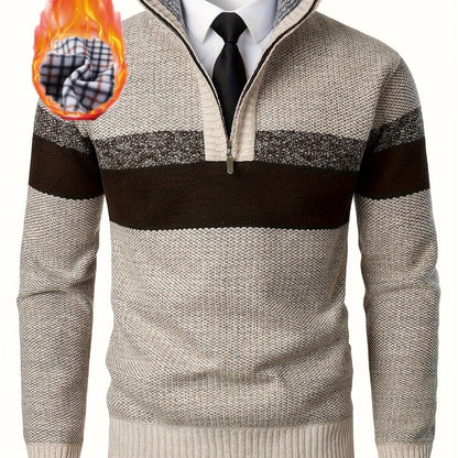 Men's knitted sweater with a stand-up collar and zipper, striped, softly lined inside