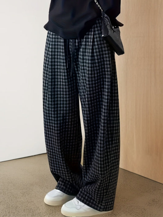 Unisex wide-leg trousers in a gray-and-black gingham pattern