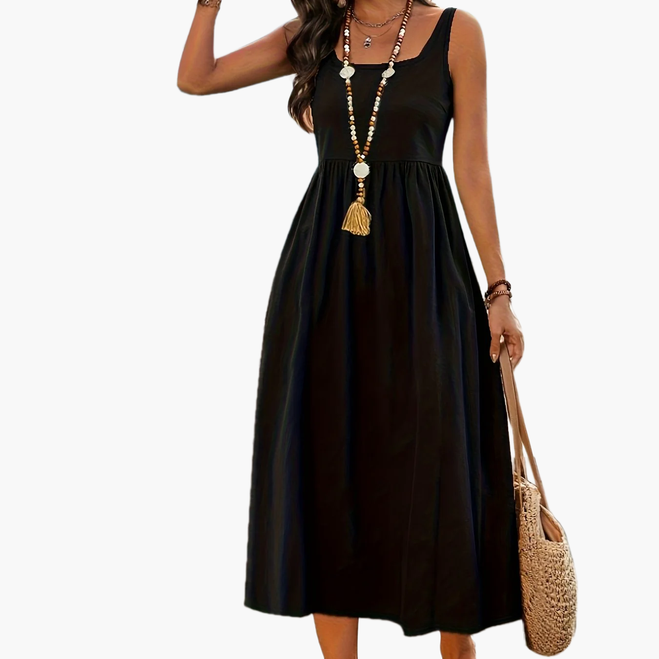 Women's Fit & Flare Midi Dress with Wide Skirt and Square Neck – Perfect for Vacation and Everyday Wear