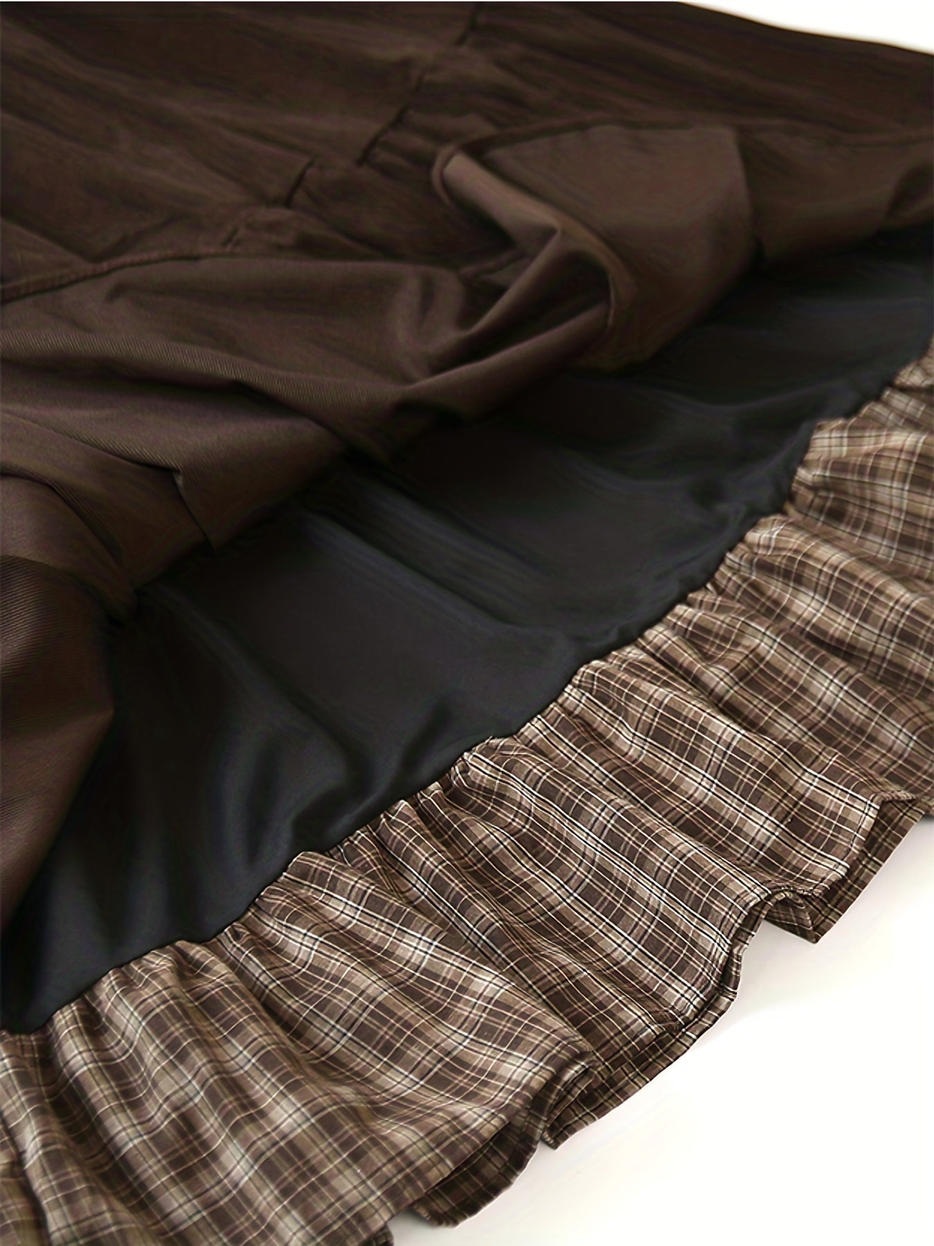 Women's floor-length tiered skirt with a checked underskirt and drawstring