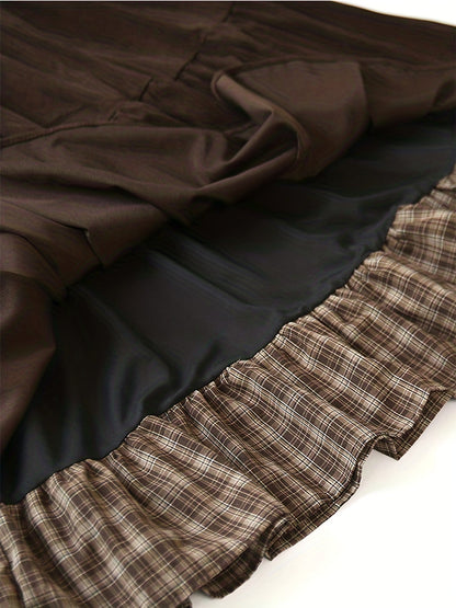 Women's floor-length tiered skirt with a checked underskirt and drawstring