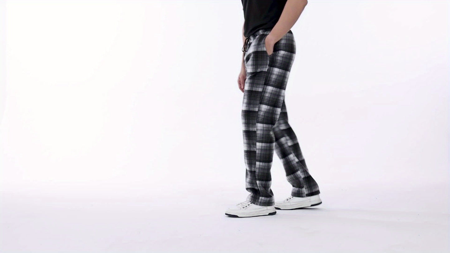 Men's plaid jogger pants, fleece look, elastic waistband