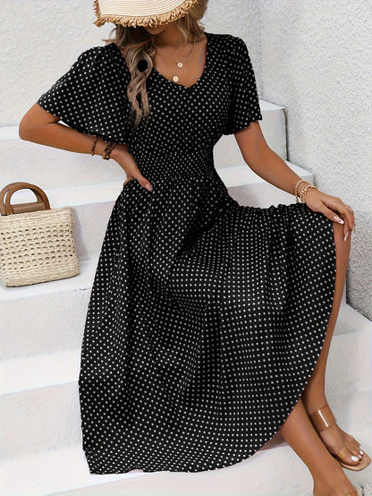 Women's Summer Polka Dot Maxi Dress with Short Sleeves and V-Neck – Casual & Vacation