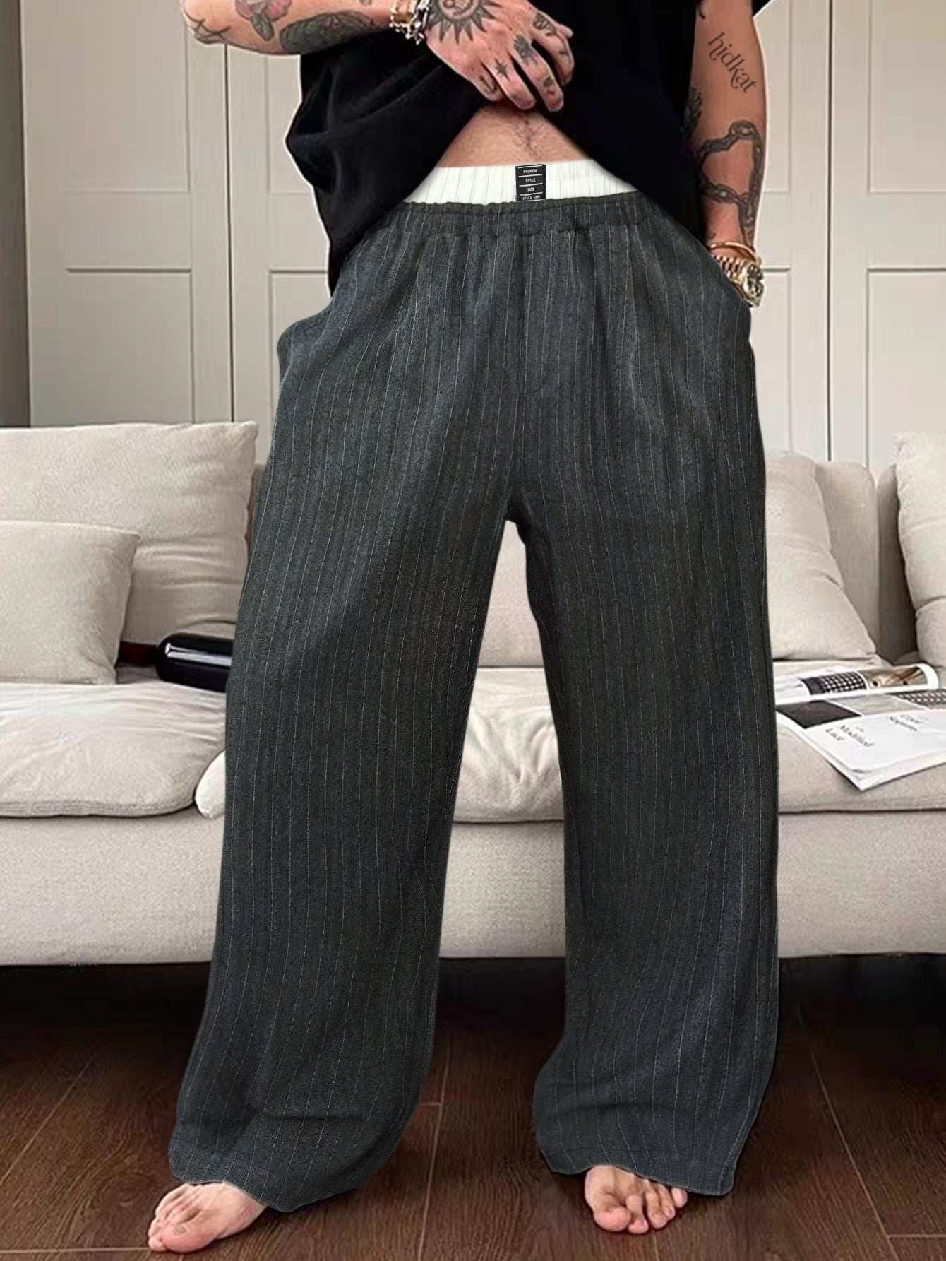 Men's Wide Lounge Pants with Pinstripes – Modern Relaxed Fit for Leisure & Home Office