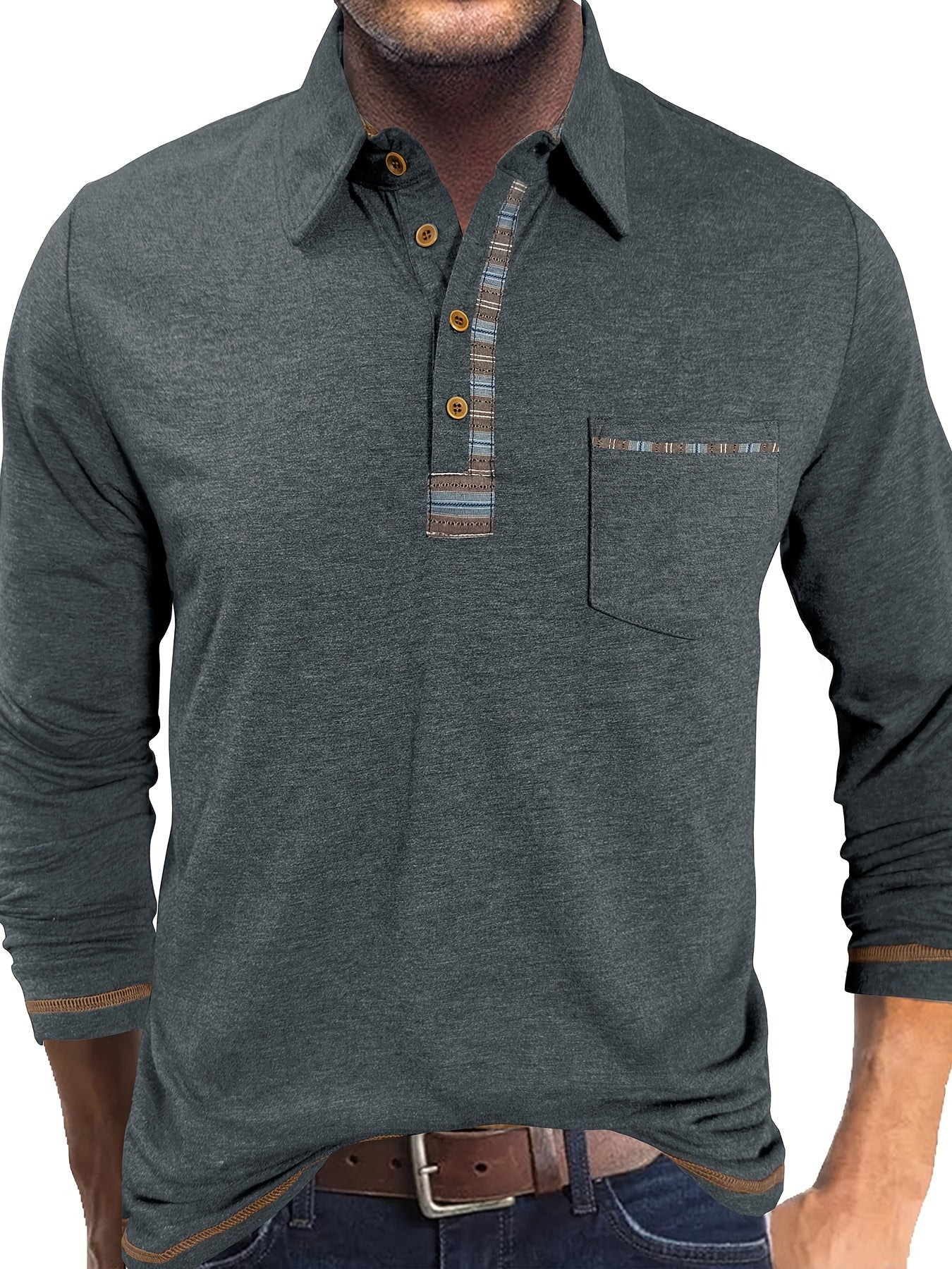 Men's long-sleeved polo shirt with chest pocket and patterned details