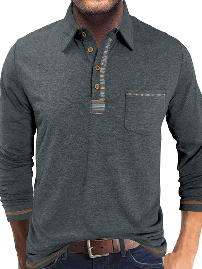 Men's long-sleeved polo shirt with chest pocket and patterned details
