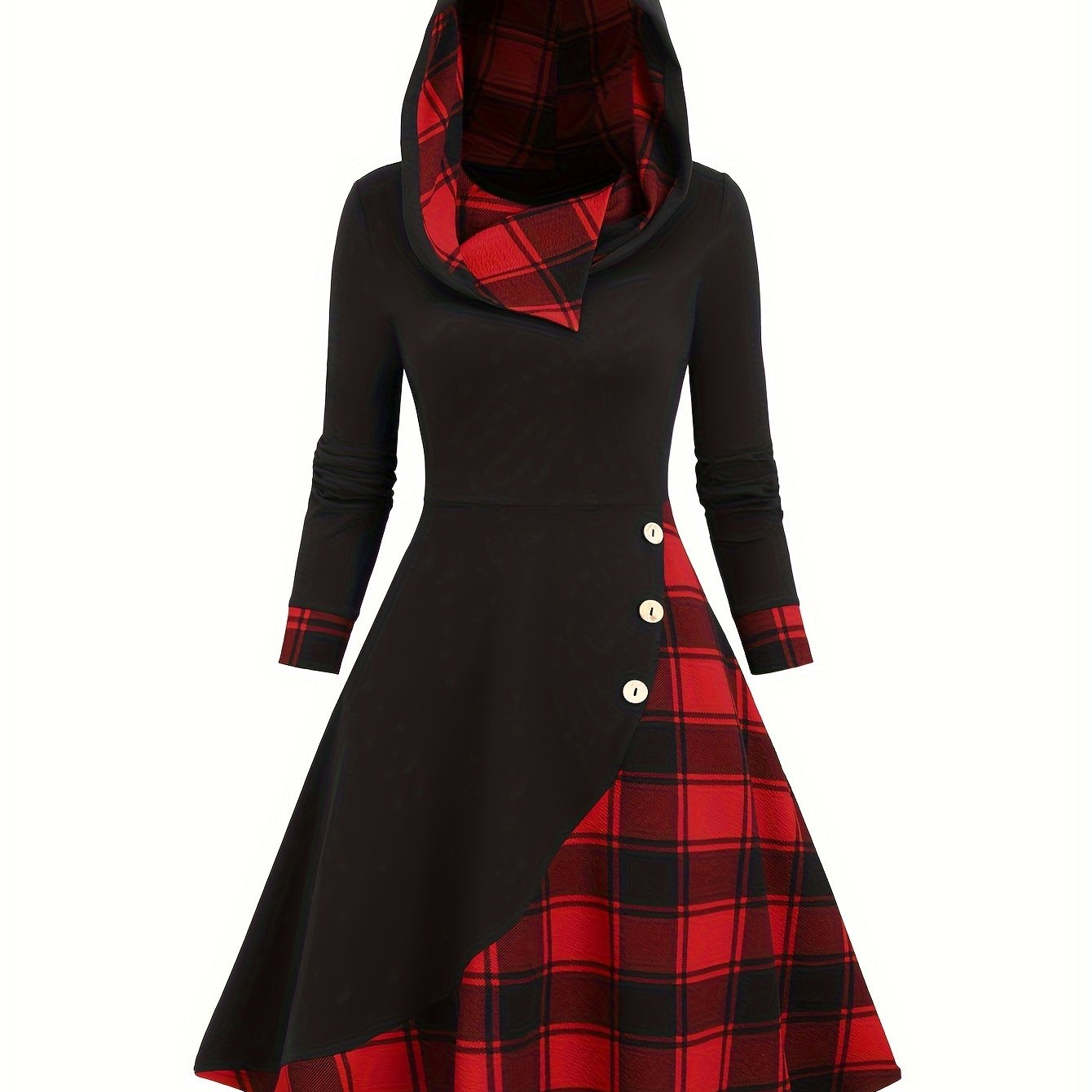 Damen Kapuzenkleid Schwarz mit kariertem Rock Schottenmuster