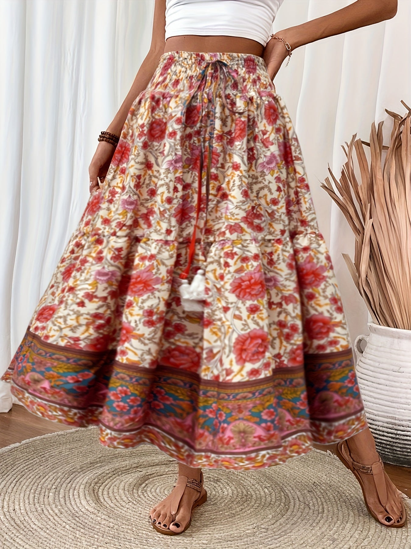 Women's Boho Maxi Skirt with Floral Pattern and Drawstring – Elegant Summer Skirt for Casual Wear and Vacation