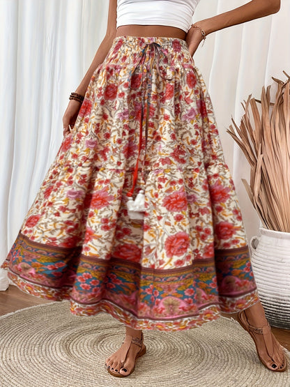 Women's Boho Maxi Skirt with Floral Pattern and Drawstring – Elegant Summer Skirt for Casual Wear and Vacation