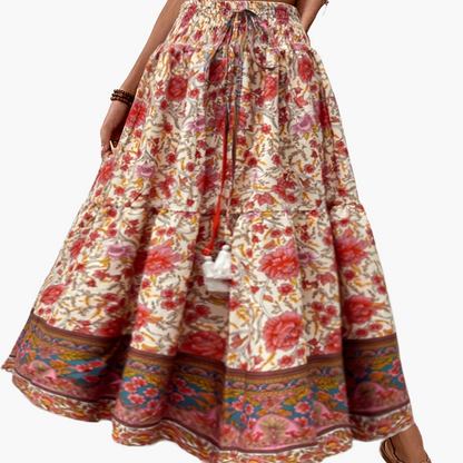 Women's Boho Maxi Skirt with Floral Pattern and Drawstring – Elegant Summer Skirt for Casual Wear and Vacation