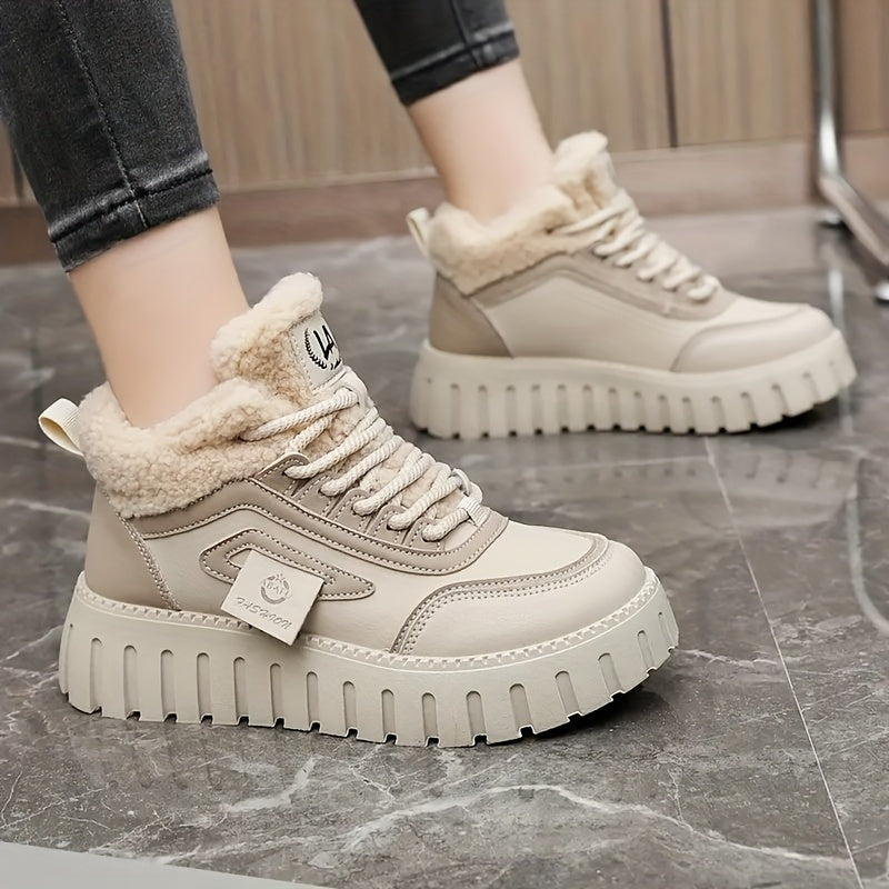 Women's beige and black platform sneakers with lining