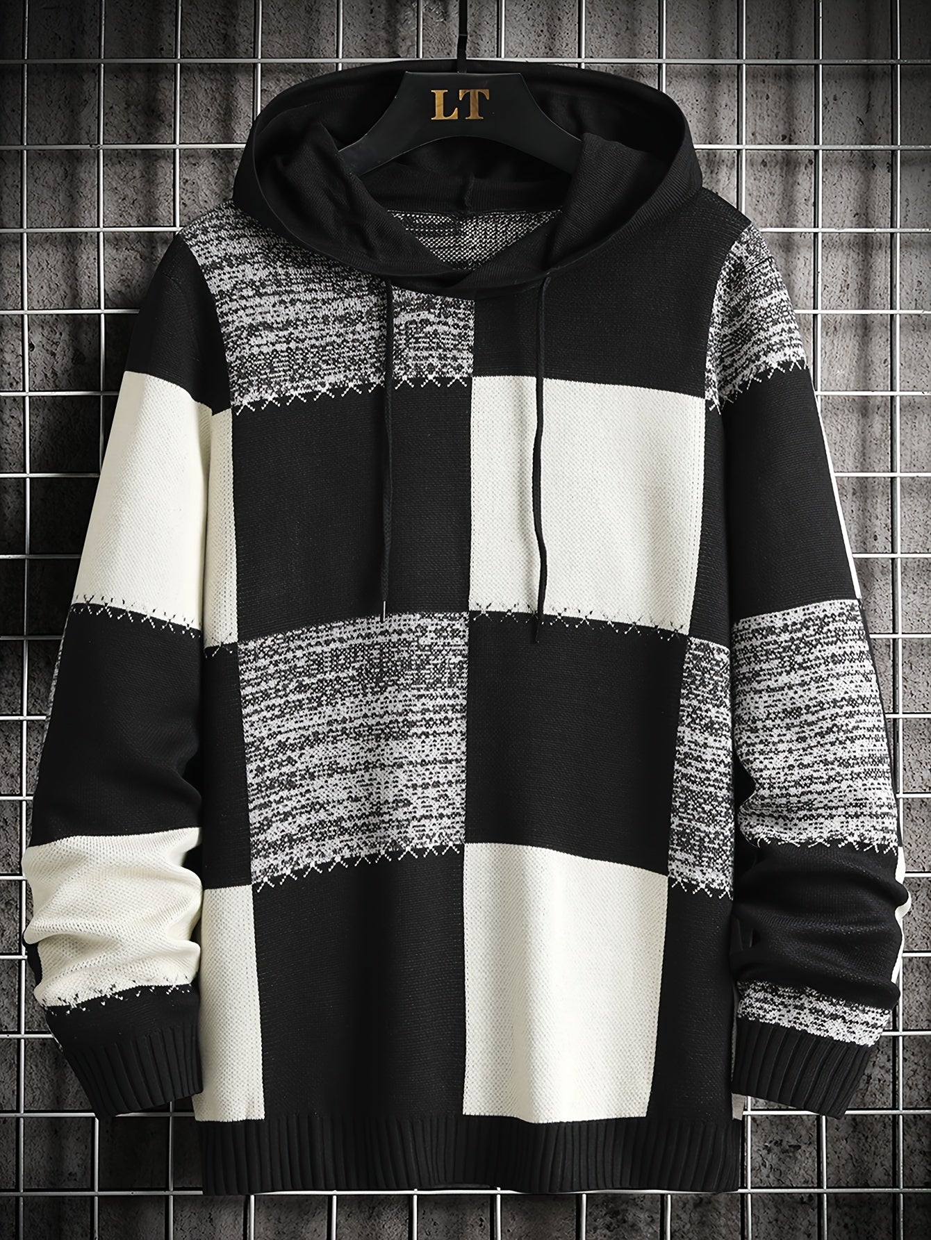 Herren Patchwork Hoodie mit Karomuster und Kapuze