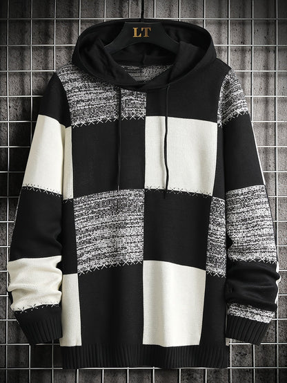 Herren Patchwork Hoodie mit Karomuster und Kapuze
