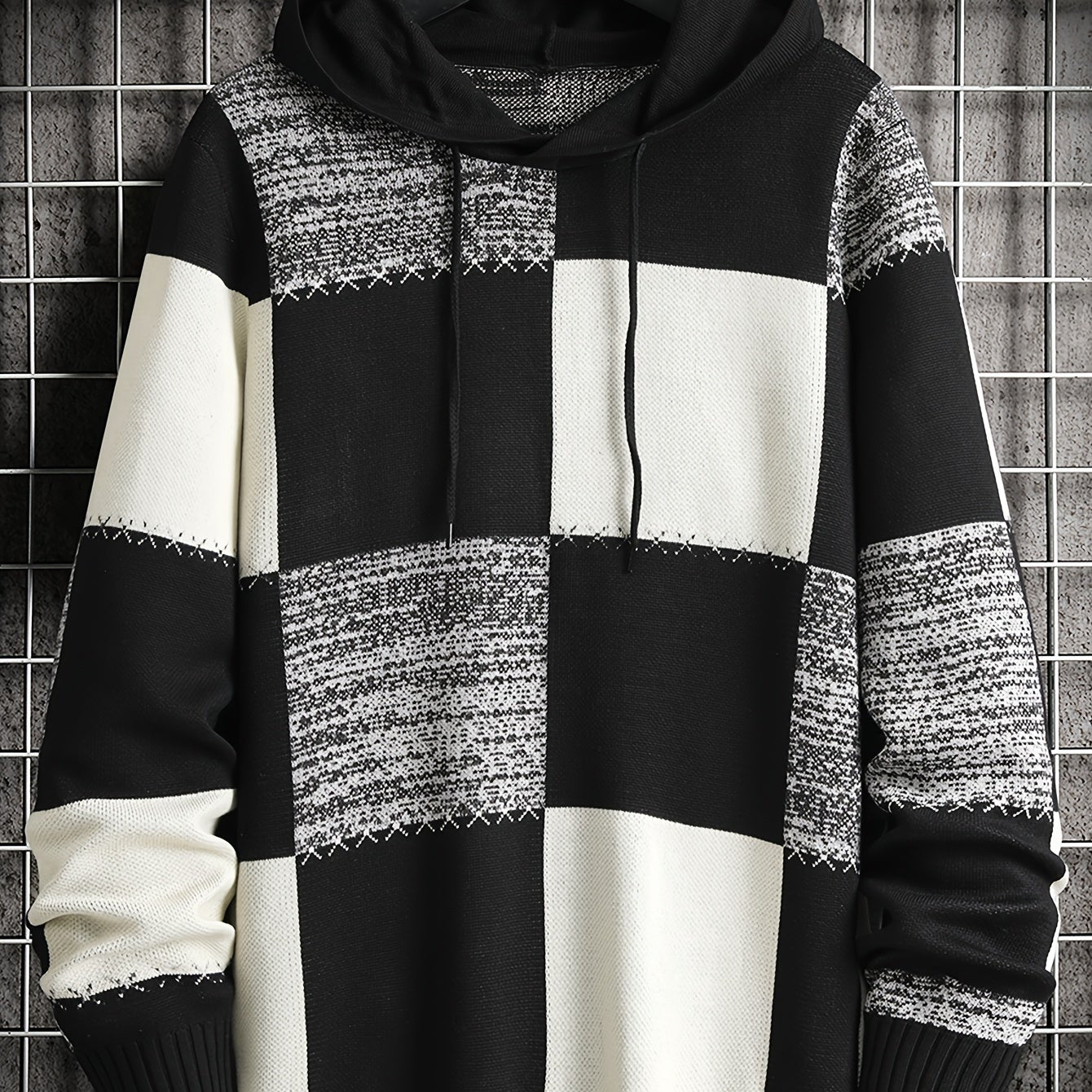 Herren Patchwork Hoodie mit Karomuster und Kapuze