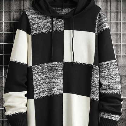 Herren Patchwork Hoodie mit Karomuster und Kapuze