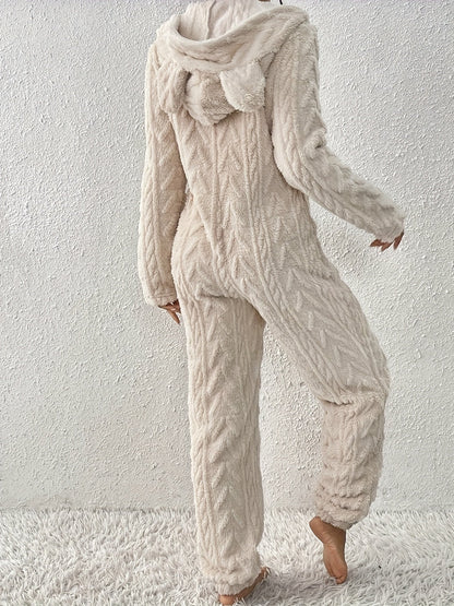Women's fluffy hooded onesie with ears, light beige