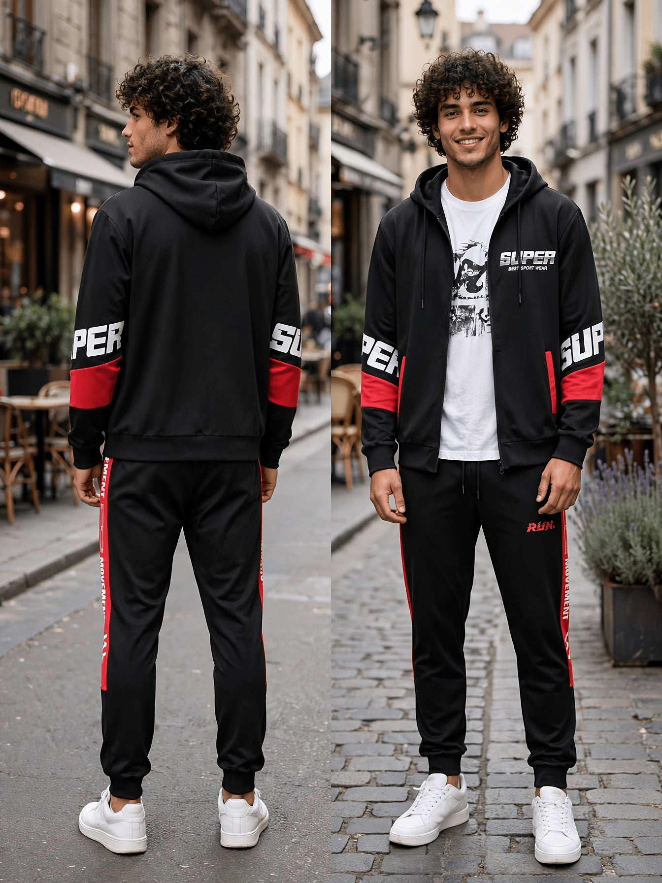 Men's sports tracksuit with a zip-up hooded jacket and striped joggers