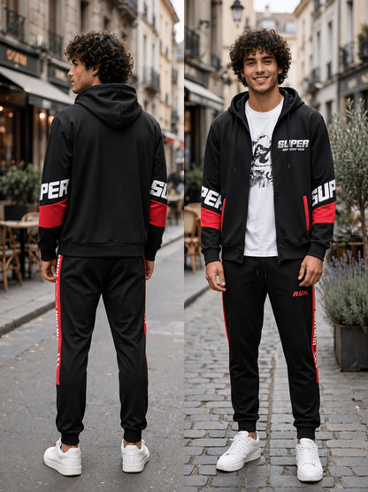 Men's sports tracksuit with a zip-up hooded jacket and striped joggers