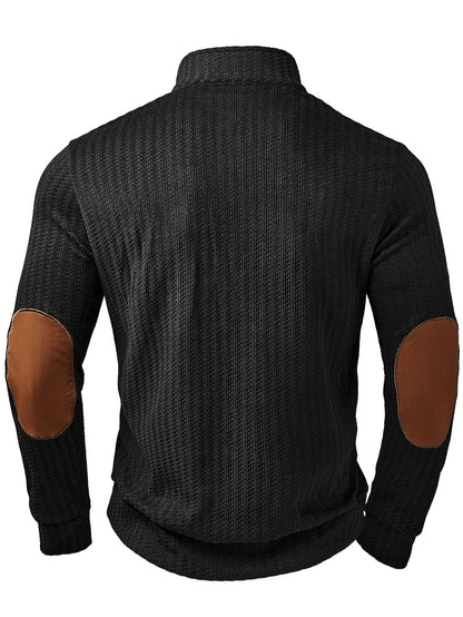 Men's turtleneck sweater with half-button closure and elbow patches, White Black