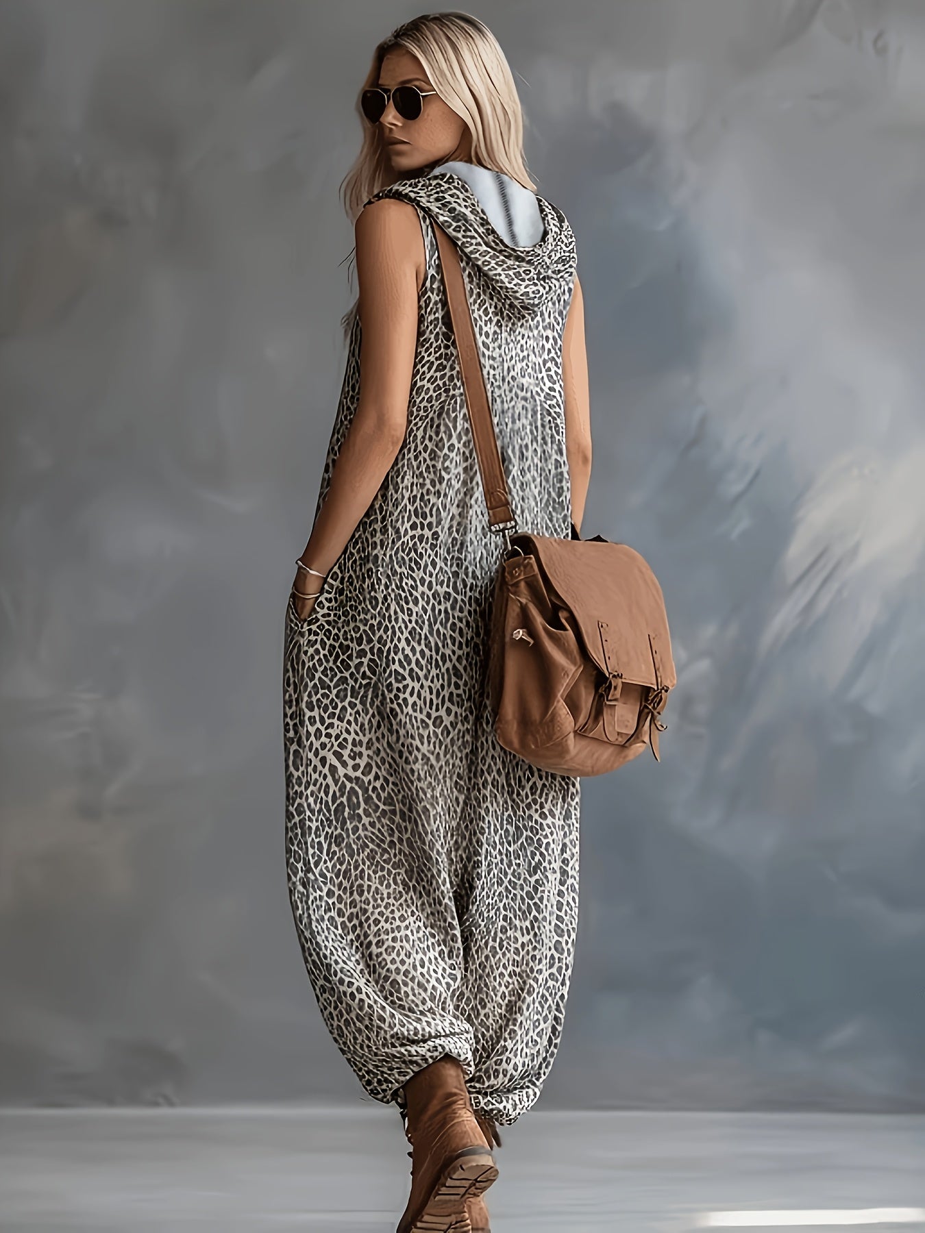 Damen Jumpsuit ärmellos mit Kapuze Animal-Print lockere Passform