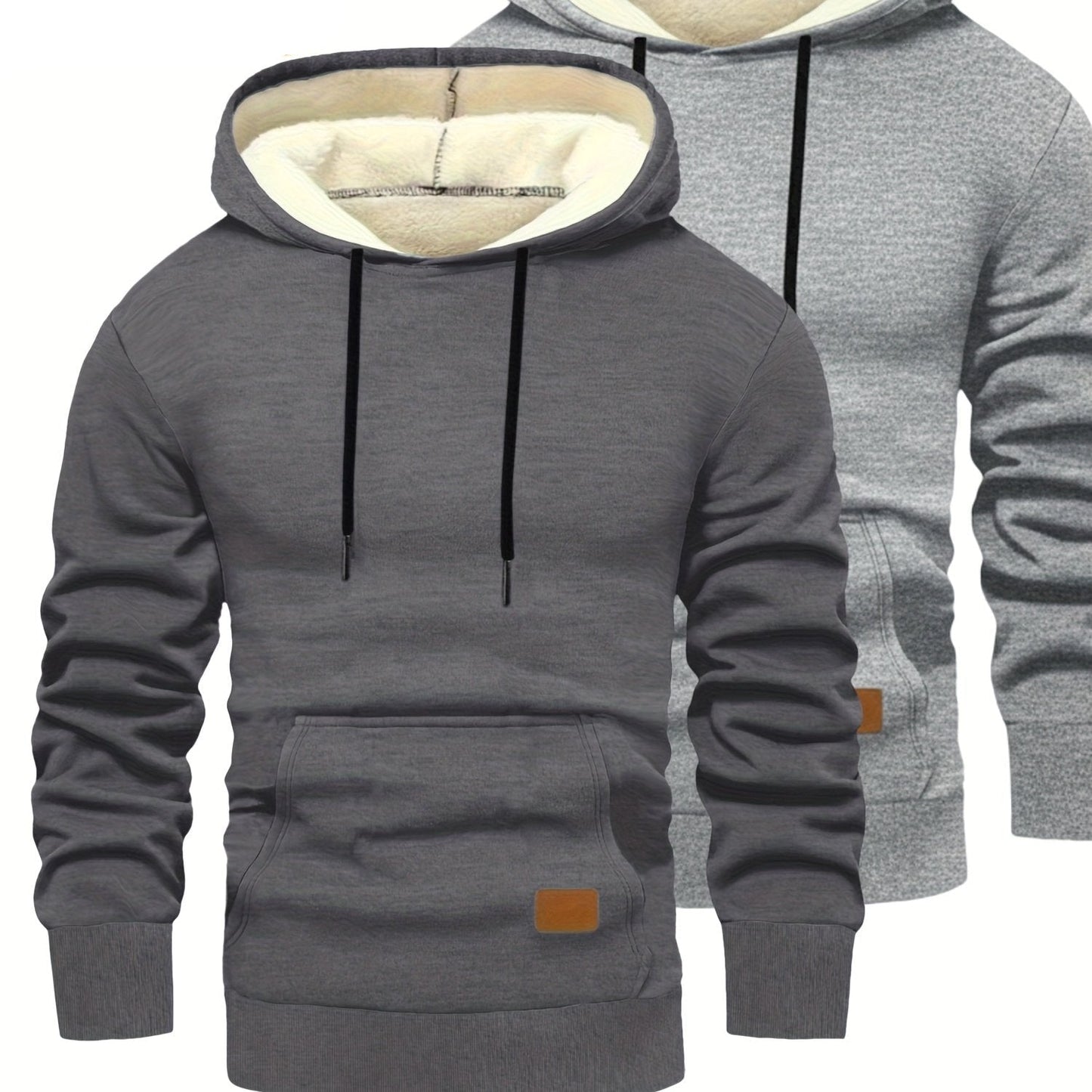 2-pack of men’s hooded sweatshirts, fleece-lined, with kangaroo pockets and drawstrings, black & dark gray