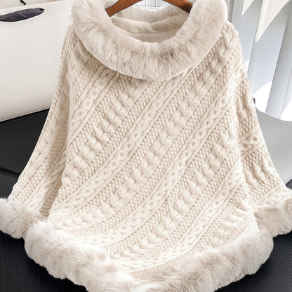 Poncho Damen Strick Zopfmuster mit Kunstpelzbesatz Marineblau
