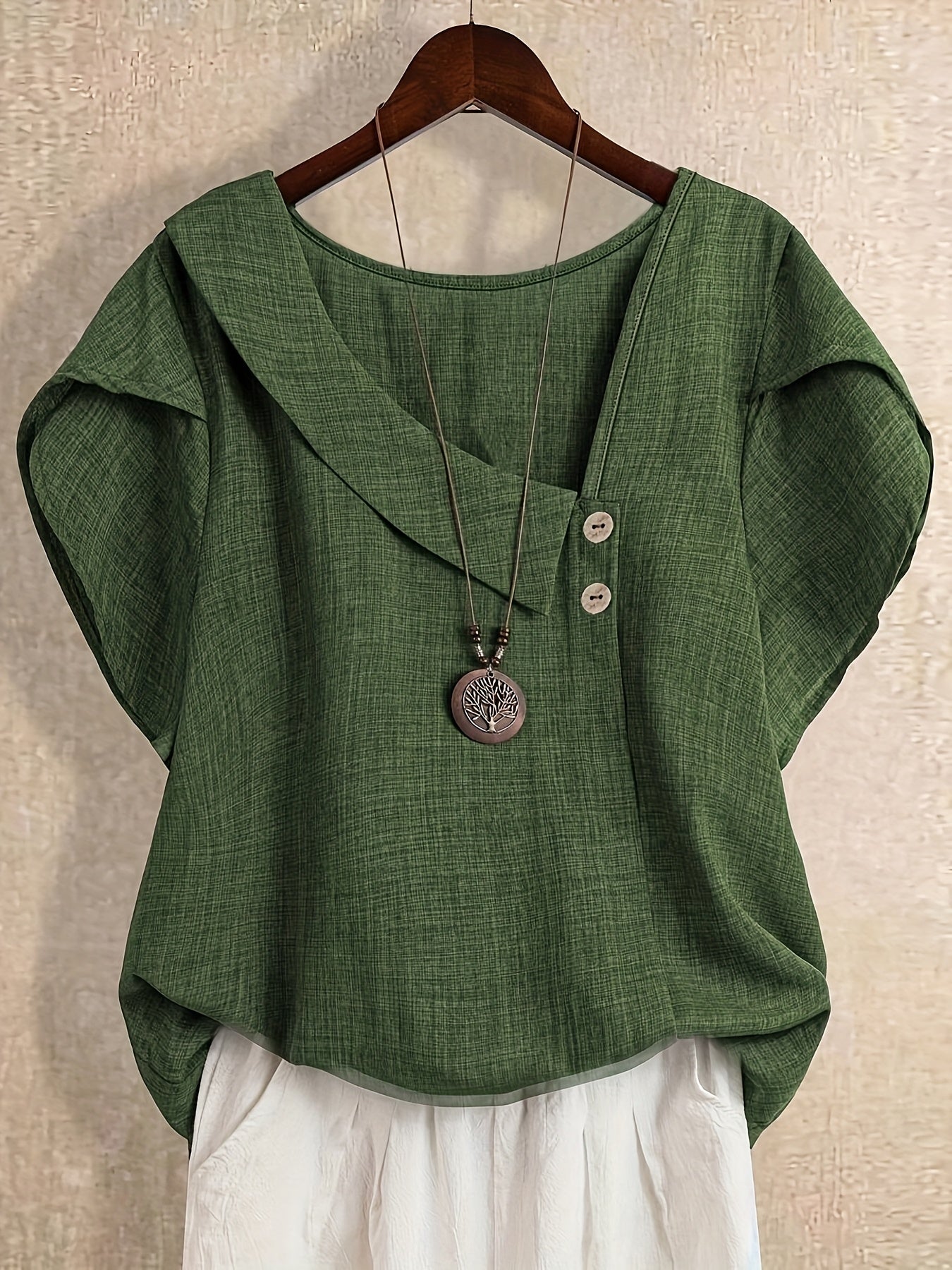 Women's tunic blouse with asymmetrical collar and short sleeves – Artistic casual style