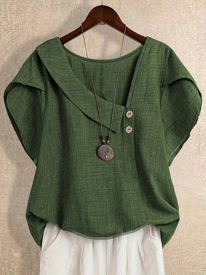 Women's tunic blouse with asymmetrical collar and short sleeves – Artistic casual style