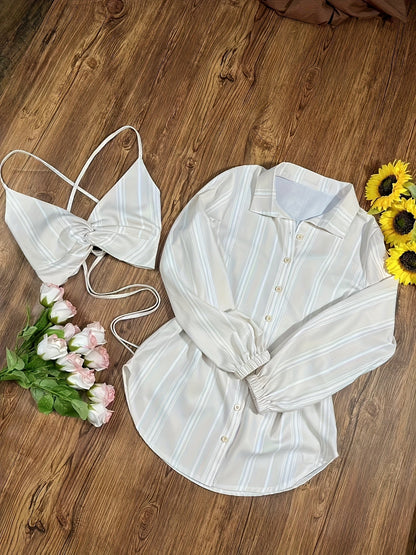 Women's Set – Fashionable Striped Crop Top with Wrap Detail, Shirt, and Denim Skirt – Perfect for Summer & Leisure
