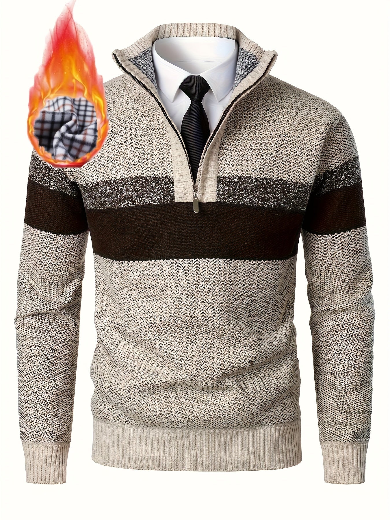 Men's knitted sweater with a stand-up collar and zipper, striped, softly lined inside