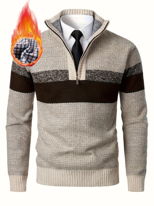 Herren Strickpullover mit Stehkragen und Reißverschluss, gestreift, innen weich gefüttert