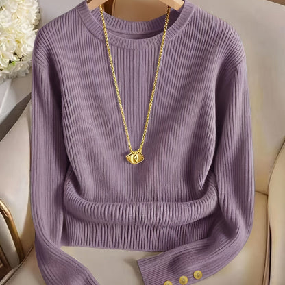 Women's rib-knit long-sleeve crew-neck sweater with buttons