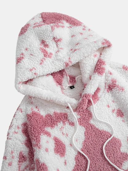 Teddyfleece Hoodie Kuhflecken-Muster mit Kängurutasche und Kapuze