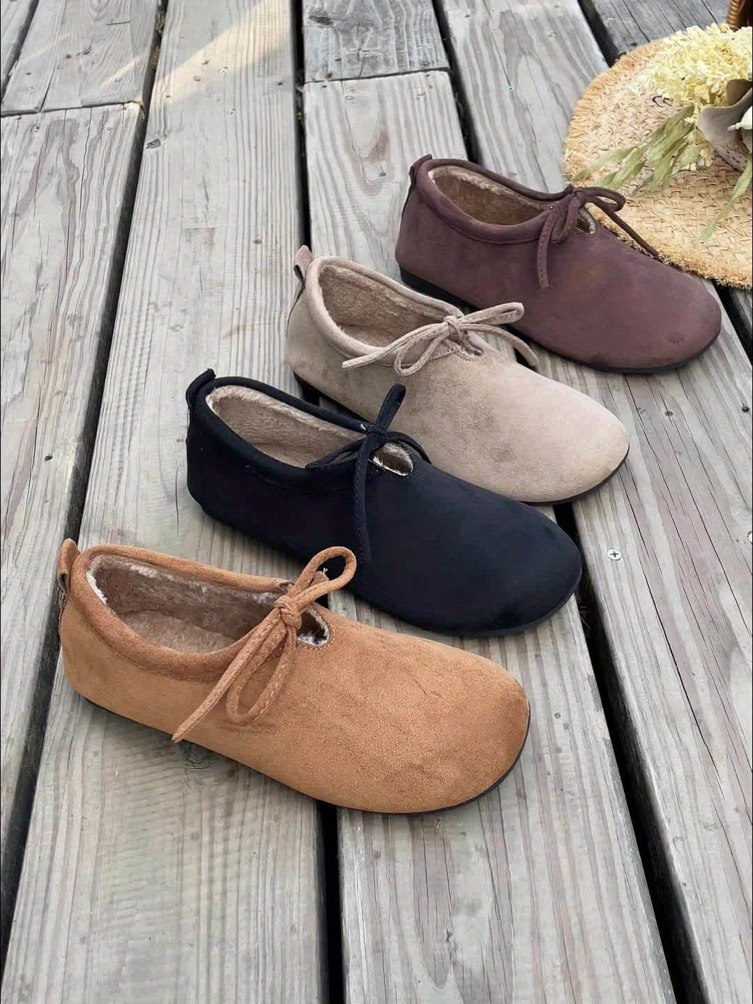 Women's slip-on shoes, bow design, warm-lined casual shoes