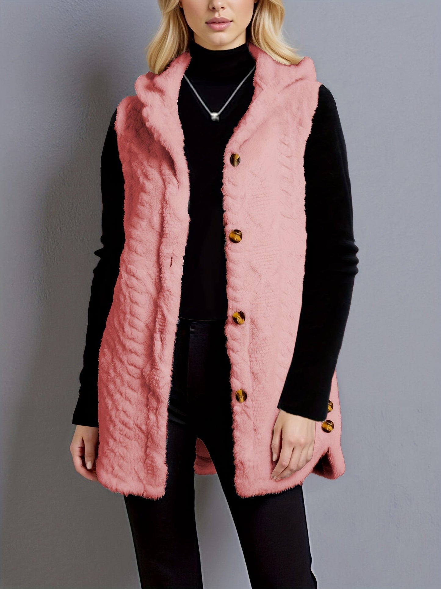 Women's long cream hooded vest with teddy-fur look and buttons