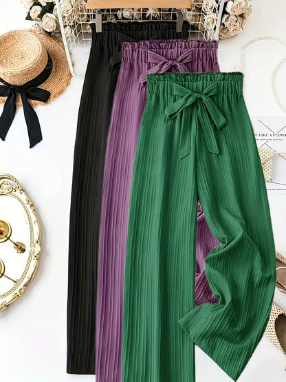 Women's Elegant Pleated Pants with Bow Waist, Wide Leg, Perfect for Spring and Summer, Casual and Office