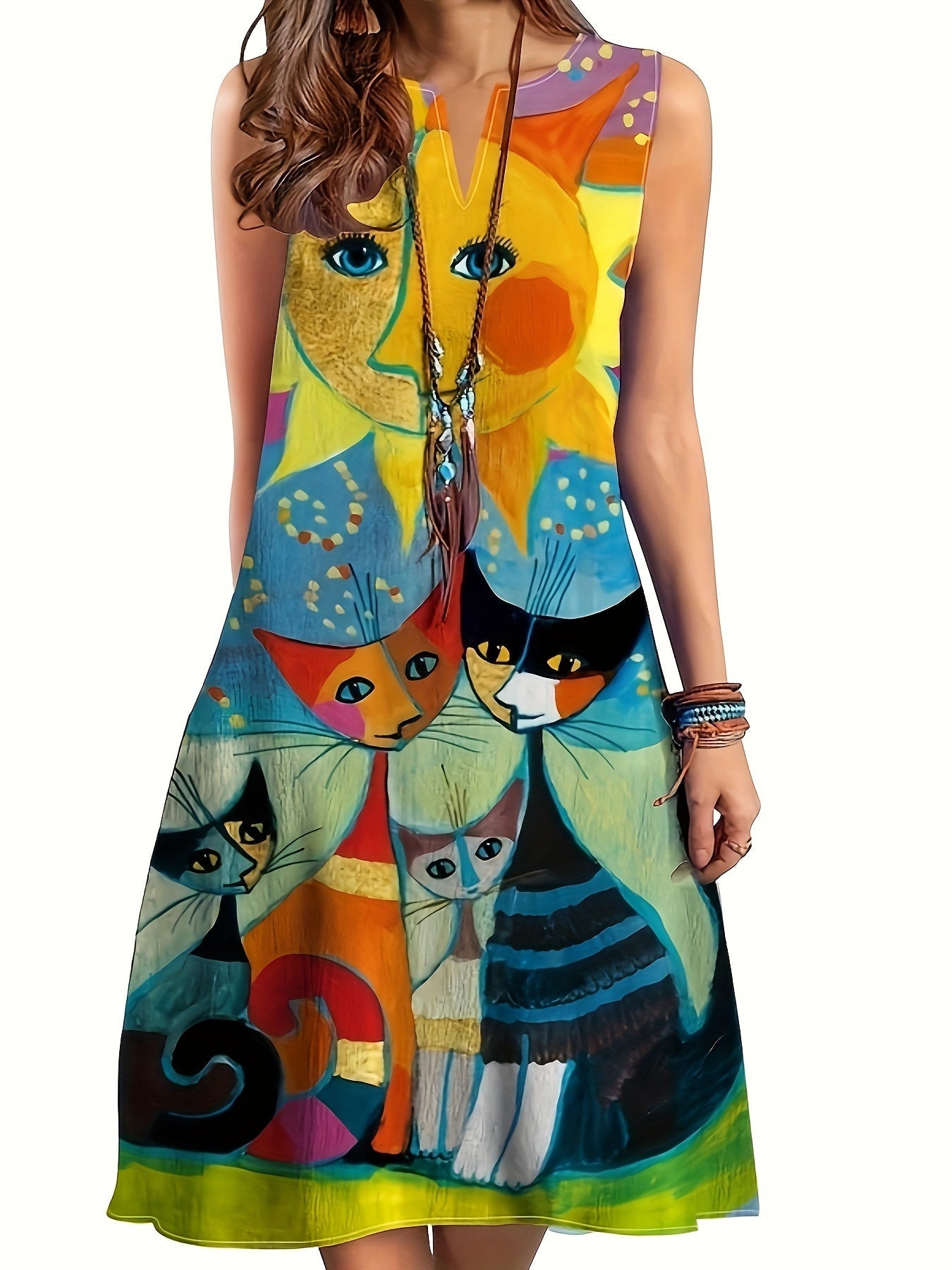 Women's vintage casual dress with artistic cat and sun motif, sleeveless, loose fit