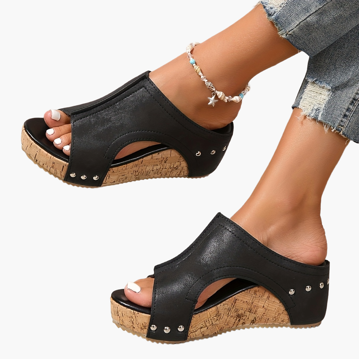 Women's Vintage Wedge Heel Mules for Summer – Comfortable Slip-on Sandals with Studs