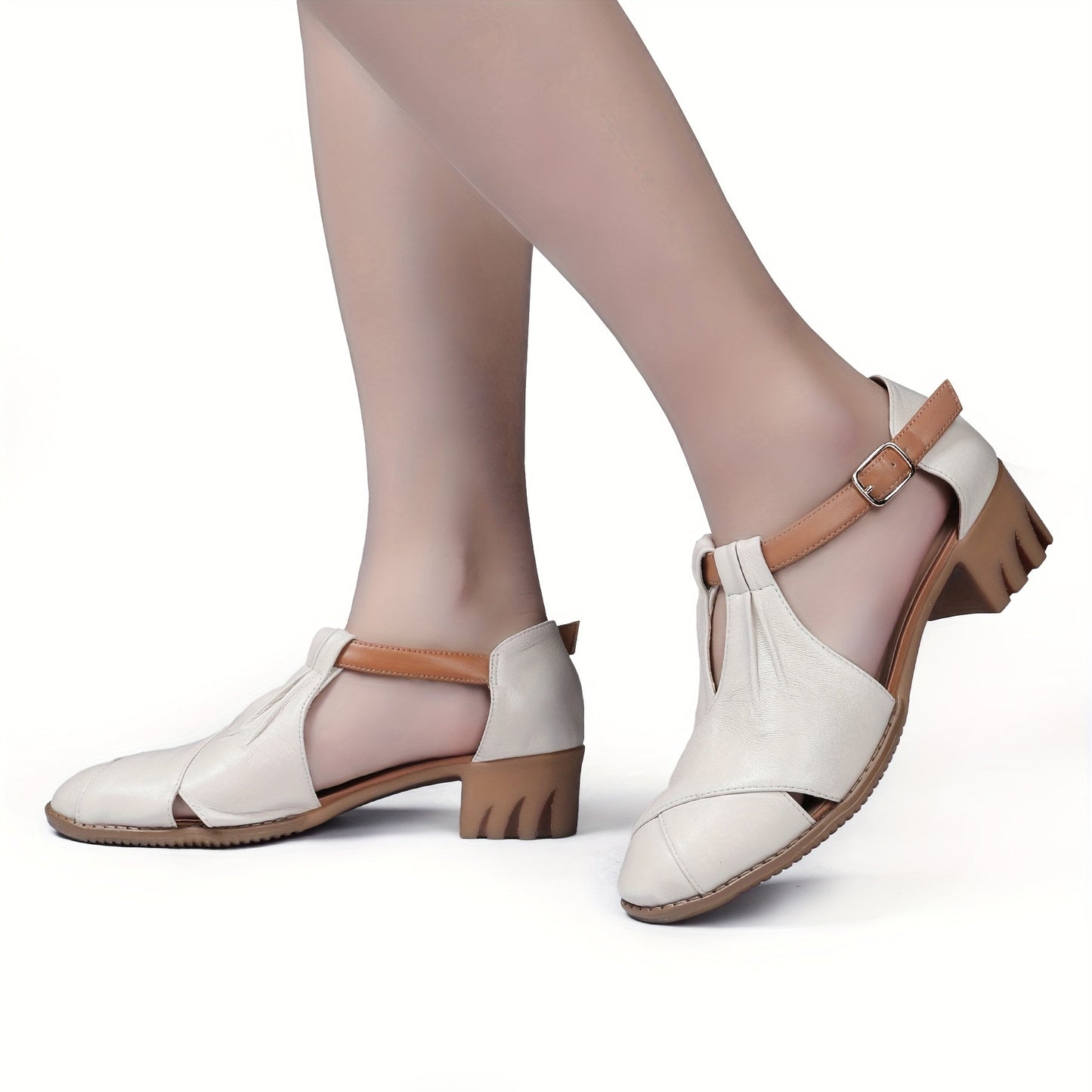 Women's Comfort Sandals with Block Heel and Elegant T-Strap for Everyday and Office Use