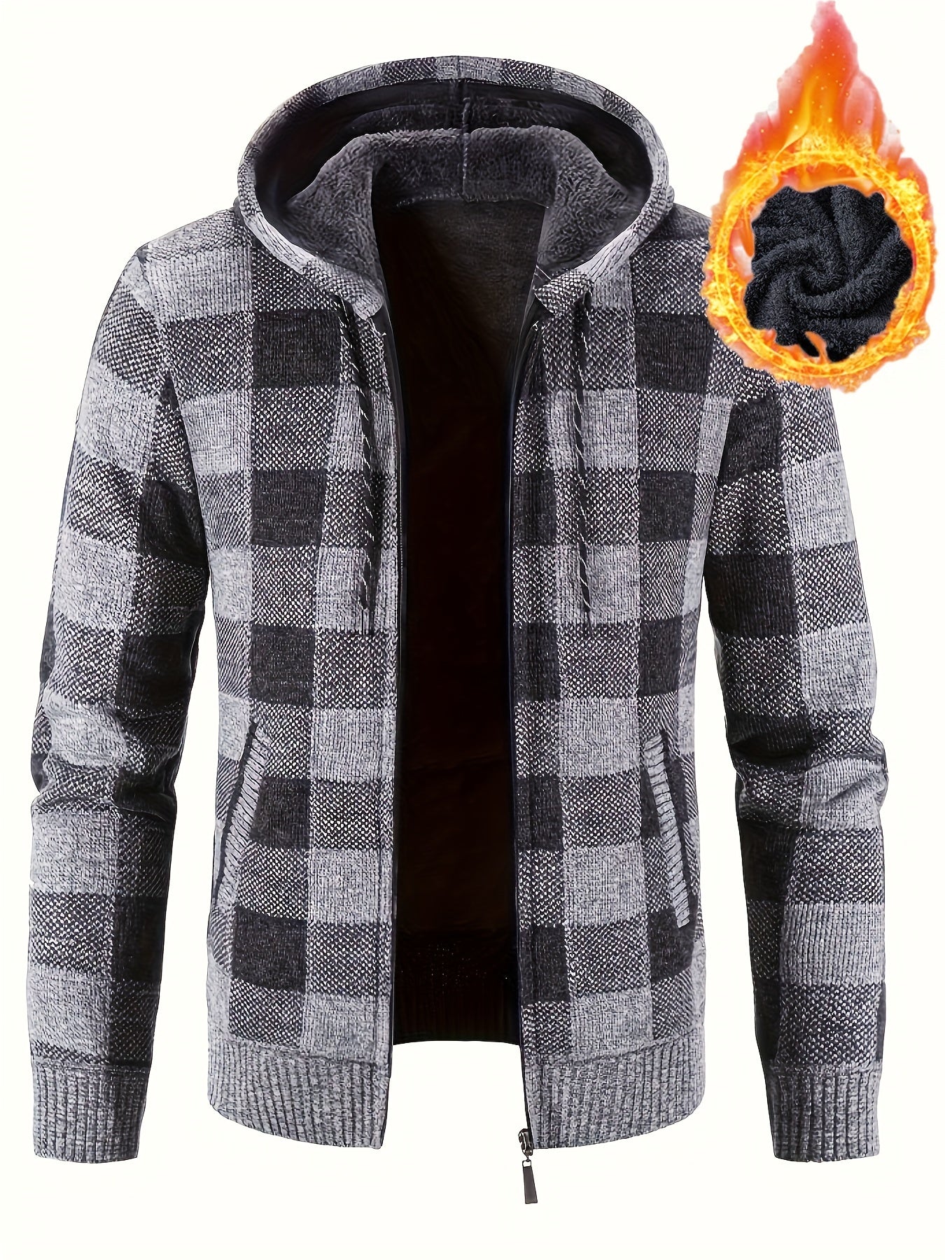 Herren Karierte Strickjacke mit Kapuze und Reißverschluss, gefüttert
