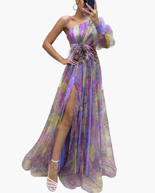 Damen Abendkleid One-Shoulder mit Puffärmel und Schlitz – Elegantes Kleid für festliche Anlässe