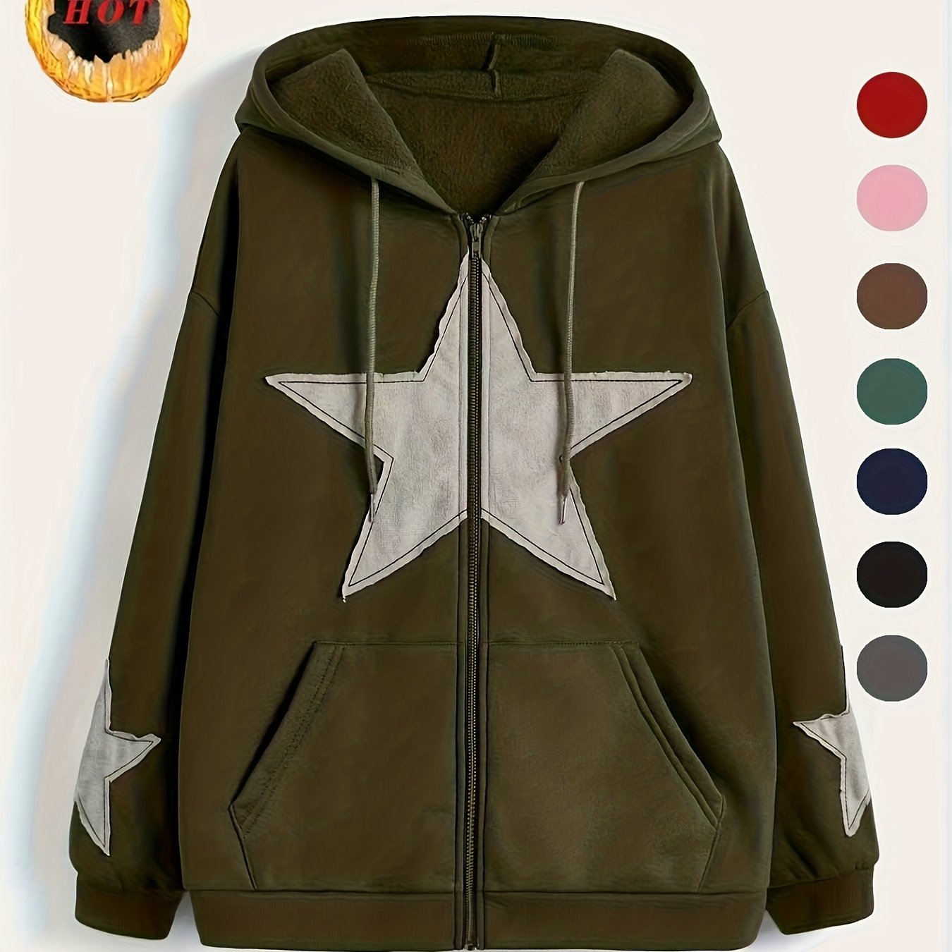 Unisex Kapuzenjacke mit Reißverschluss, Oversize, Stern-Applikationen, Kordelzug, Kängurutaschen