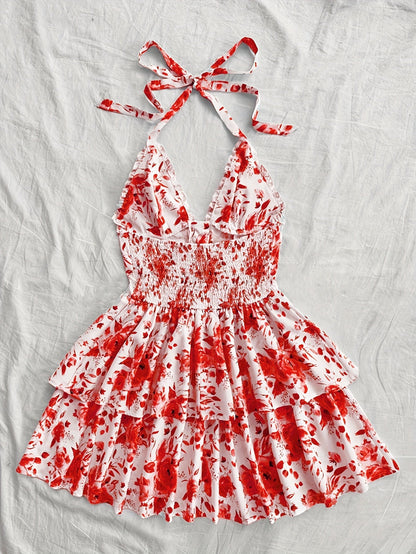 Women's Summer Mini Dress with Rose Pattern, Halterneck, Ruffles, and Lacing – Romantic Casual Dress for Garden Parties & Vacation