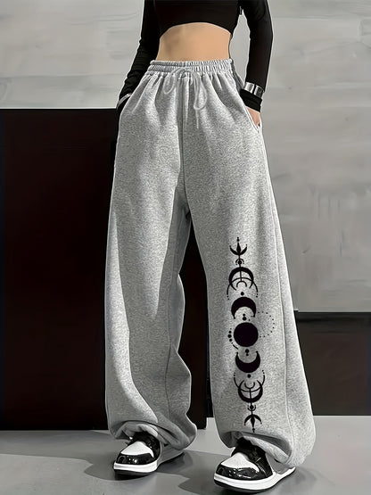 Wide-leg lounge pants with moon phase pattern, elastic waistband