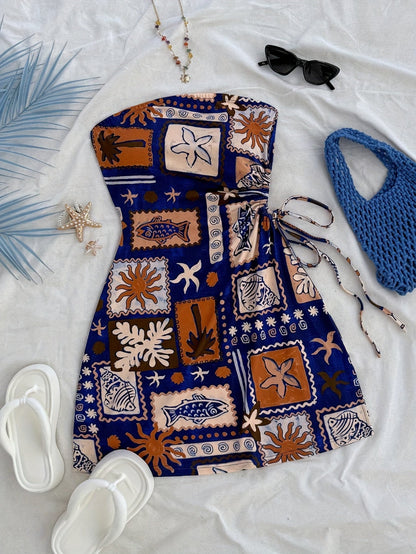 Women's bandeau mini dress with maritime print, beach holiday style, summer fashion