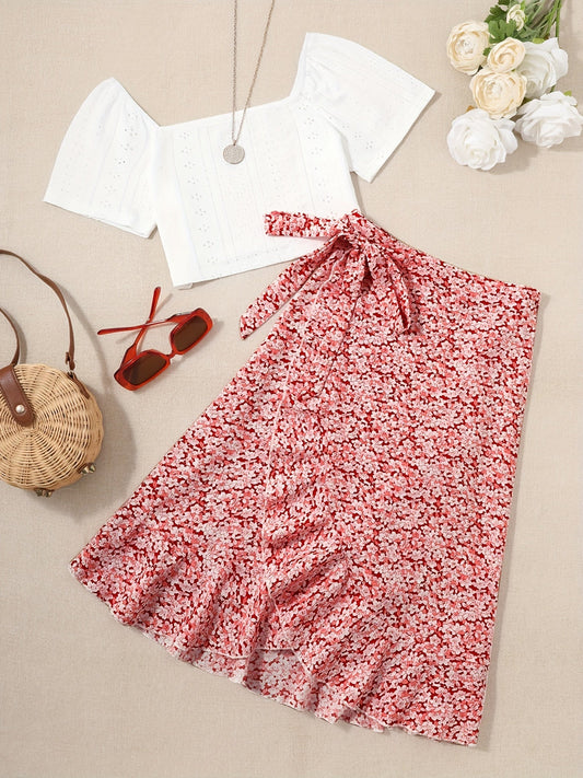 Women's Two-Piece Set – Romantic Blouse with Puff Sleeves and Floral Wrap Skirt – Perfect for Summer & Leisure